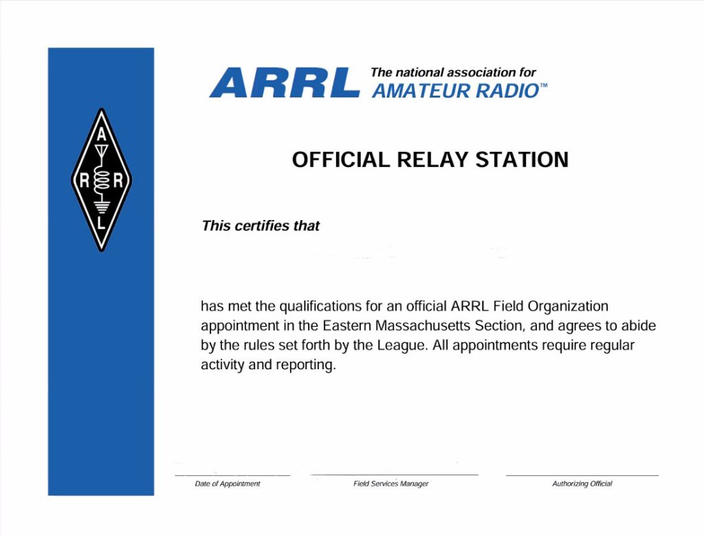 Official Relay Station Certificate